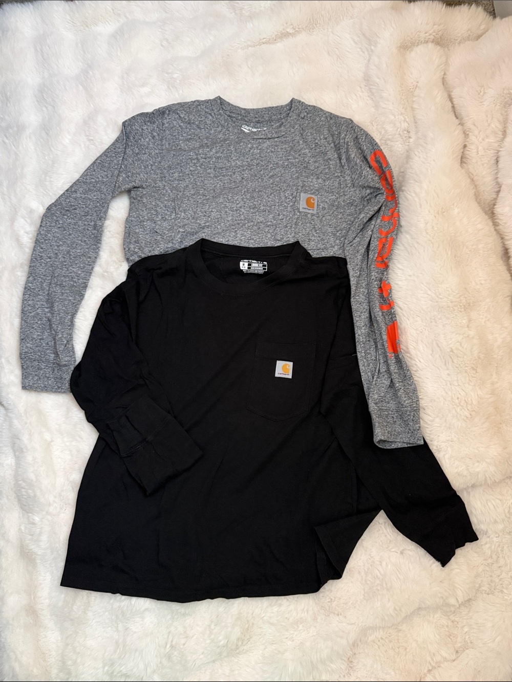 Carhartt Long Sleeve Pocket Tees - Black & Heather Gray with Orange Graphics